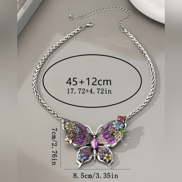 2/$40 Colorful Y2K Silver Butterfly Necklace Purple Multicolor Accents-(#0192) - Picture 2 of 3